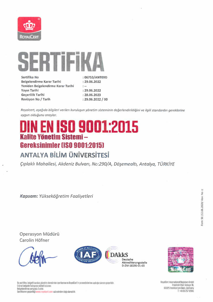 ISO 9001:2015 Kalite Yönetim Sistemi Sertifikası